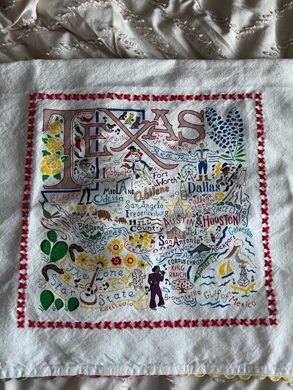 Texas Map Embroidered Cotton Catsudio Bandana- White with Multicolor Embroidery